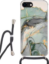 Hoesje met koord Geschikt voor iPhone 8 - Goud - Marmer print - Groen - luxe - Glitter - Marmer printlook - Siliconen - Crossbody - Backcover met Koord - Telefoonhoesje met koord - Hoesje met touw
