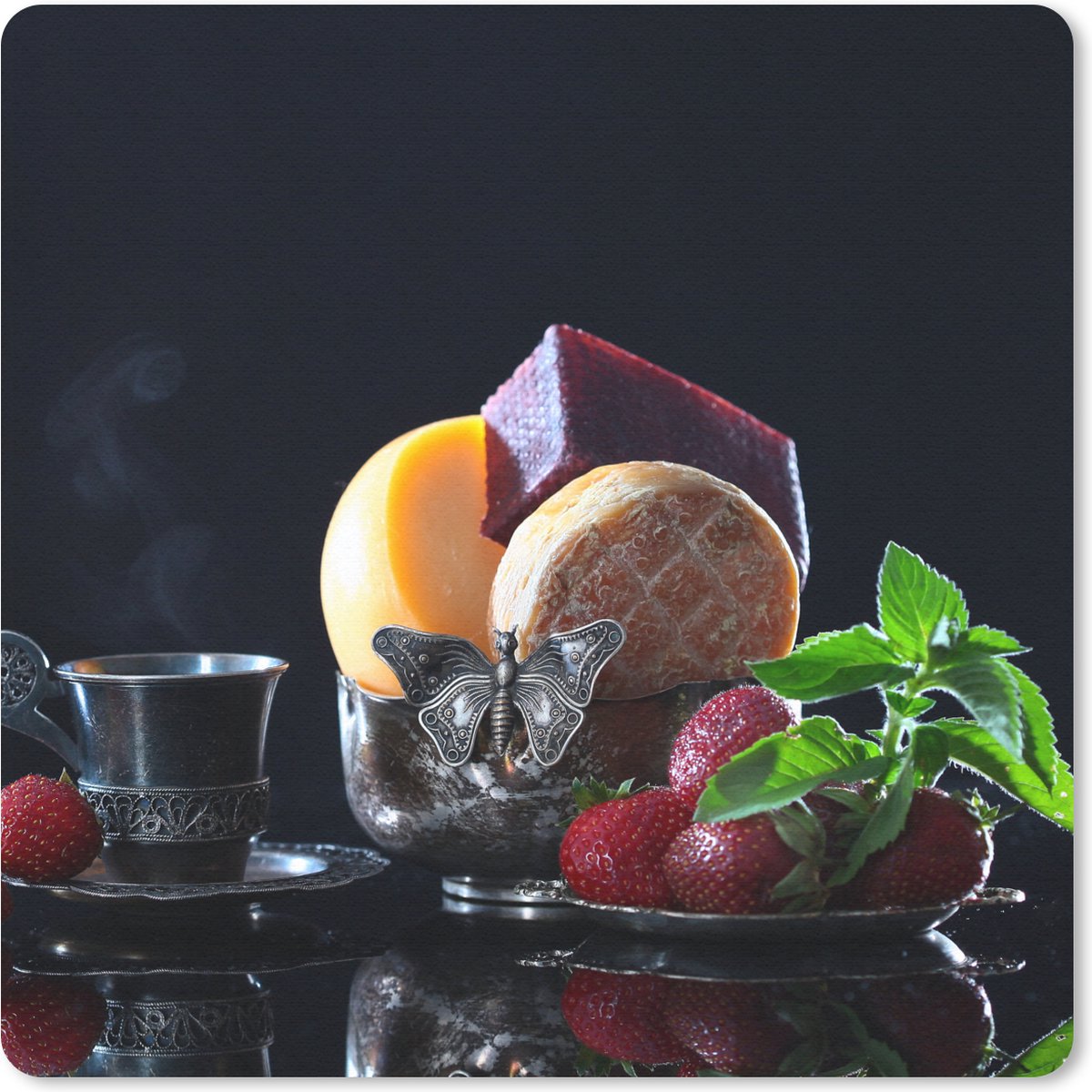 Muismat 20x20 cm - Mousepad Rustiek - Fruit - Kaas - Tafel - Stilleven - Muismatten