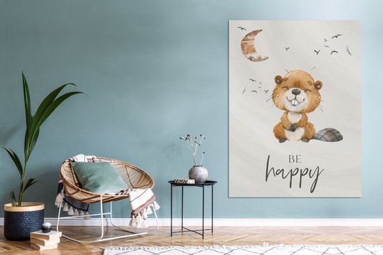 Canvas kids - Be happy - Jongen - Bever - Waterverf - Maan - Foto op canvas - Wanddecoratie kinderkamers - 120x160 cm - Kinderkamer decoratie - Foto op Canvas