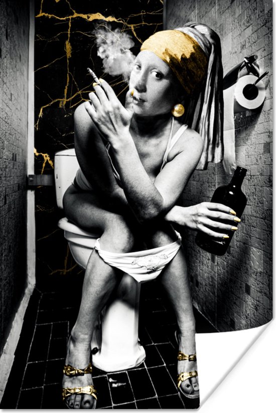 Poster Marmerlook - Meisje met de parel - Sigaretten - Toilet - Goud - Kunst - Oude meesters - 20x30 cm