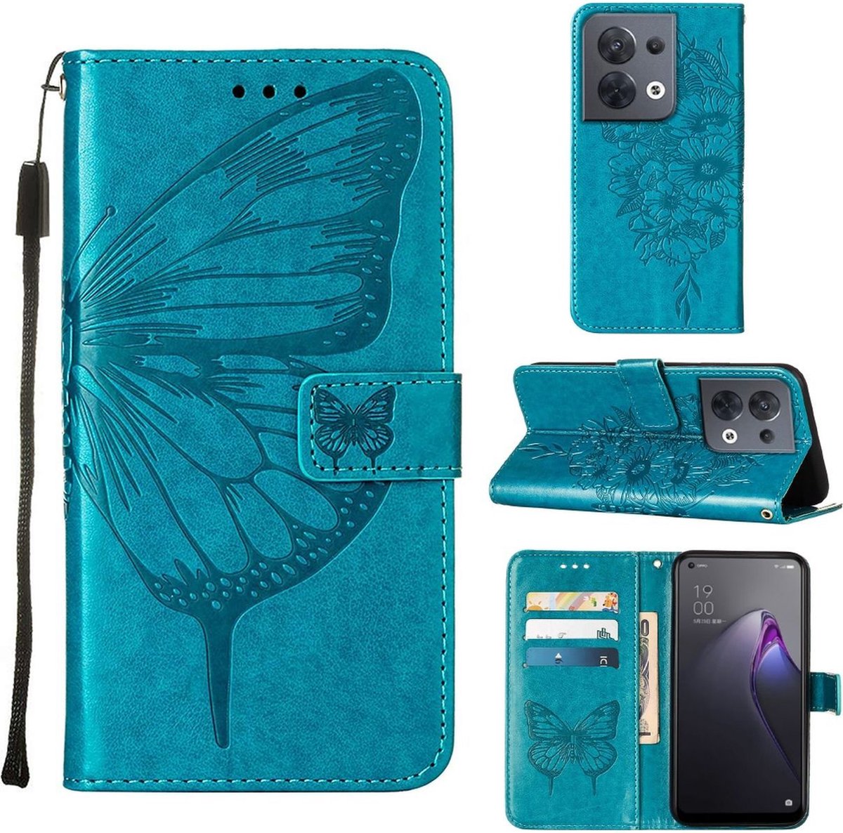 Mobigear Telefoonhoesje geschikt voor OPPO Reno 8 5G Hoesje | Mobigear Butterfly Bookcase Portemonnee | Pasjeshouder voor 3 Pasjes | Telefoonhoesje voor Pinpas / OV Kaart / Rijbewijs - Blauw