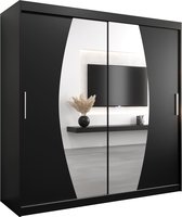 InspireMe - Kledingkast met 2 schuifdeuren, Modern-stijl, Een kledingkast met planken en een spiegel (BxHxD): 200x200x62 - GLOBE 200 Zwart Mat