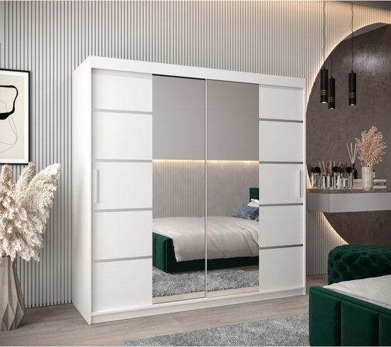 InspireMe - Armoire avec 2 portes coulissantes, Style moderne, Armoire avec étagères (LxHxP): 200x200x62 - VENTILA IV 200 Wit Mat