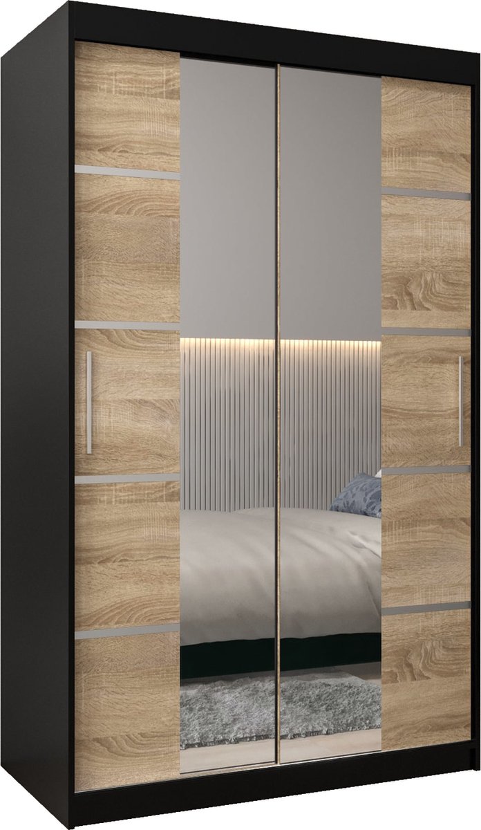 AJE Meubles B.V. InspireMe - Kledingkast met 2 schuifdeuren, Modern-stijl, Kledingkast met planken (BxHxD): 120x200x62 - VENTILA IV 120 Zwart Mat + Sonoma Eik met 2 lades