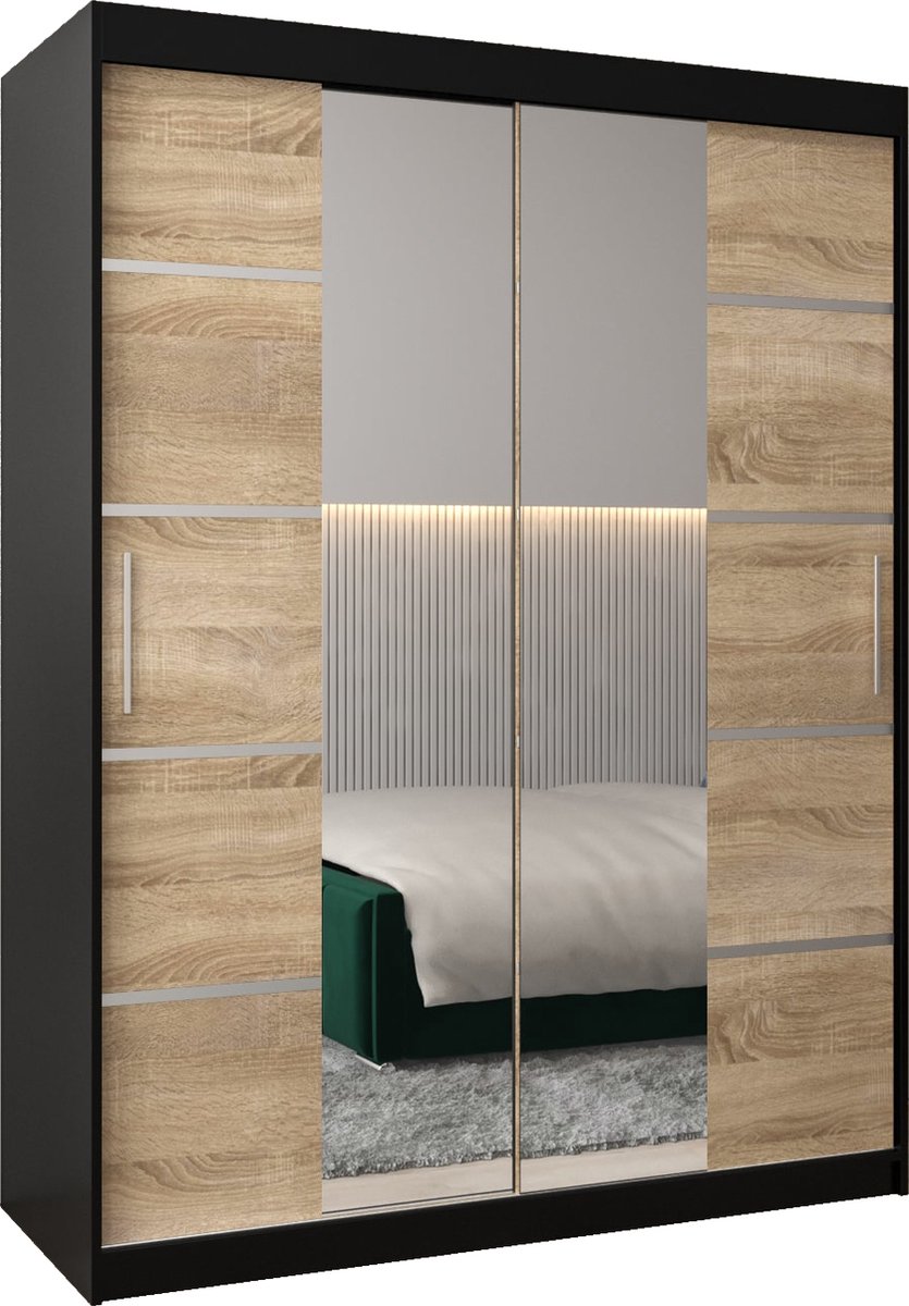 AJE Meubles B.V. InspireMe - Kledingkast met 2 schuifdeuren, Modern-stijl, Kledingkast met planken (BxHxD): 150x200x62 - VENTILA IV 150 Zwart Mat + Sonoma Eik met 2 lades