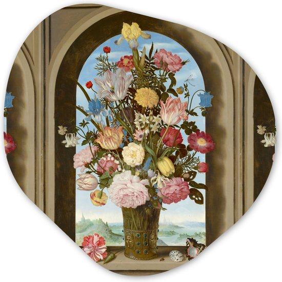 Organische Wanddecoratie - Kunststof Muurdecoratie- Organisch Schilderij - Vaas met bloemen in een venster - Schilderij van Ambrosius Bosschaert de Oude- 60x60 cm - Organische spiegel vorm op kunststof