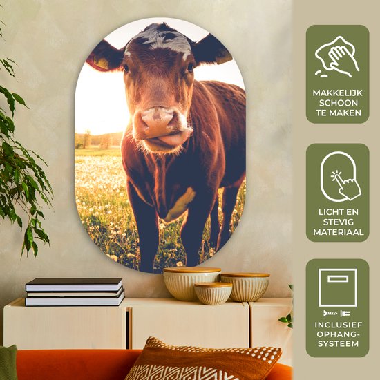 Ovale mural - Ovale mural - Décoration murale en plastique - Tableau ovale - Vache - Coucher de soleil - Fleurs - Herbe - Animaux - 80x120 cm - Forme miroir ovale sur plastique