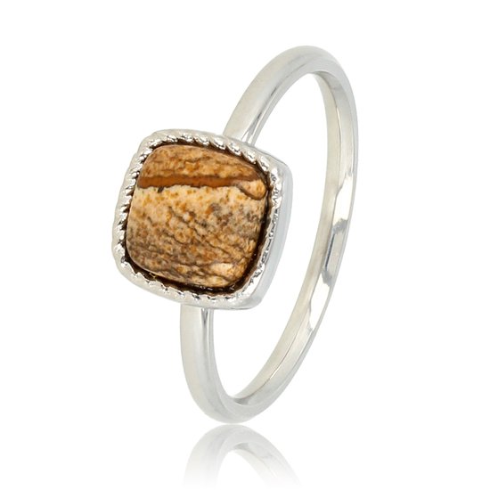 My Bendel - Zilverkleurige ring met vierkanten Picture Jasper edelsteen - Klassieke ring met bijzondere Picture Jasper edelsteen - Met luxe cadeauverpakking