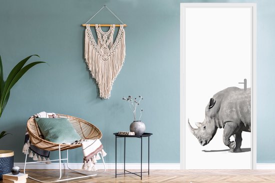 Deurposter 95x235 cm - Deursticker Neushoorn - Dieren - Wit - Meubelfolie zelfklevend - Deurfolie woonkamer - Interieurfolie fotobehang - Deur plakfolie - Deurstickers - Deurbehang sticker - Kamer decoratie