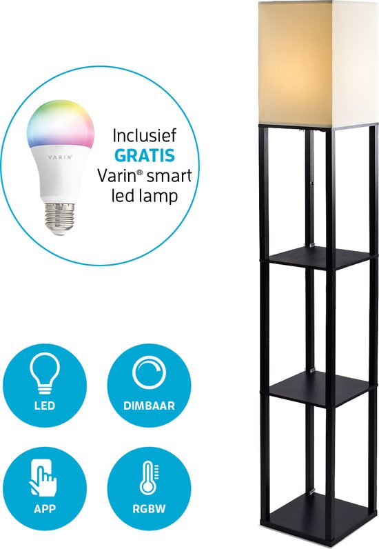 Varin® Vloerlamp met vakken - Zwart - Dimbaar - Witlicht RGB - E27 Led lamp  - Smart... | bol.com