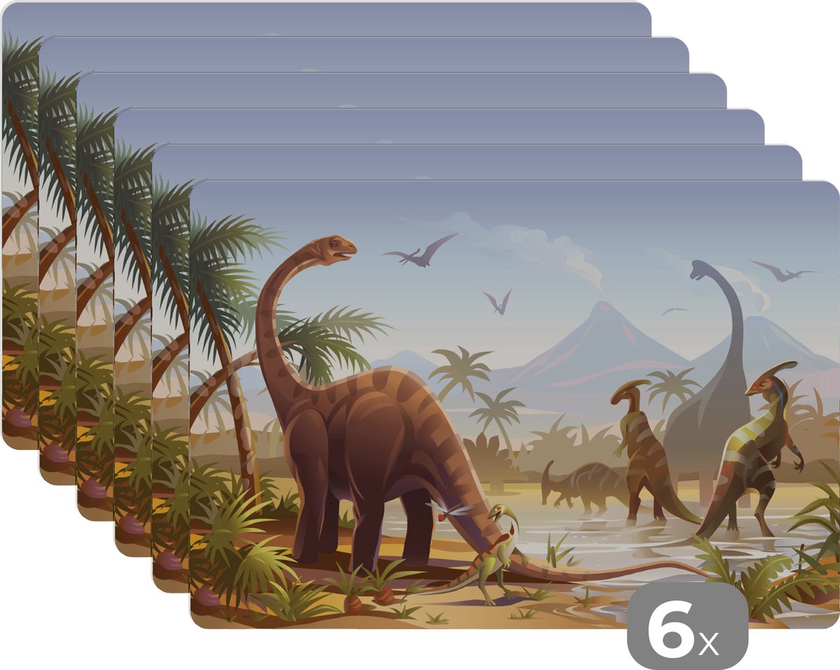 Placemat kinderen - Placemat - Placemats kunststof - Dinosaurus - Landschap - Tropisch - Kinderen - Jongens - 45x30 cm - 6 stuks - Hittebestendig - Anti-Slip - Onderlegger - Afneembaar