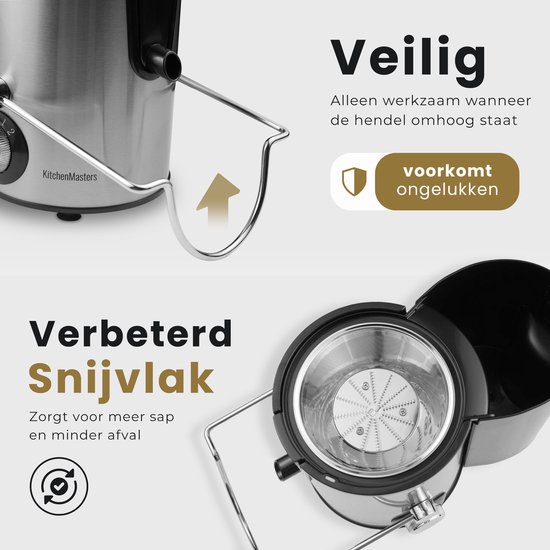 KitchenMasters Sapcentrifuge voor Groenten & Fruit - Juicer met Pulpcontainer - Grote Vulopening - 3 snelheden - 800 Watt