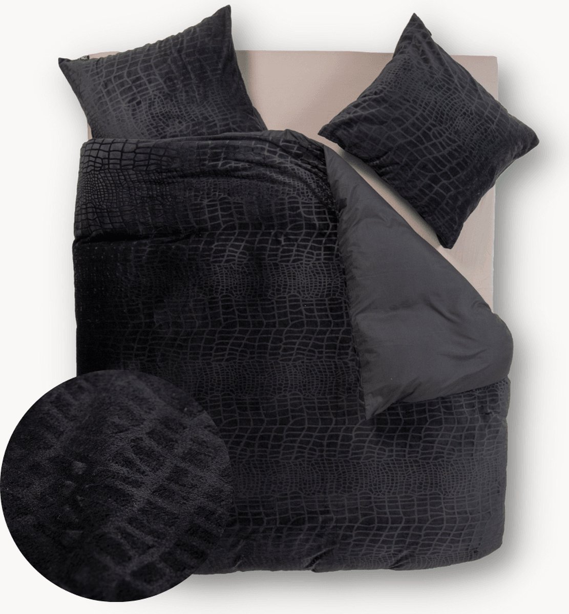 Y-NOT - Dekbedovertrek met kussensloop - Velvet Snake Skin Jet Black - 1 Persoons - 140x200/220 cm