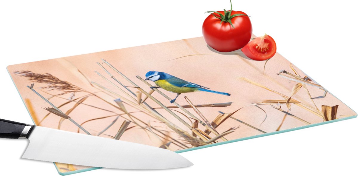 Glazen Snijplank - 39x28 - Vogel - Pimpelmees - Riet - Snijplanken Glas