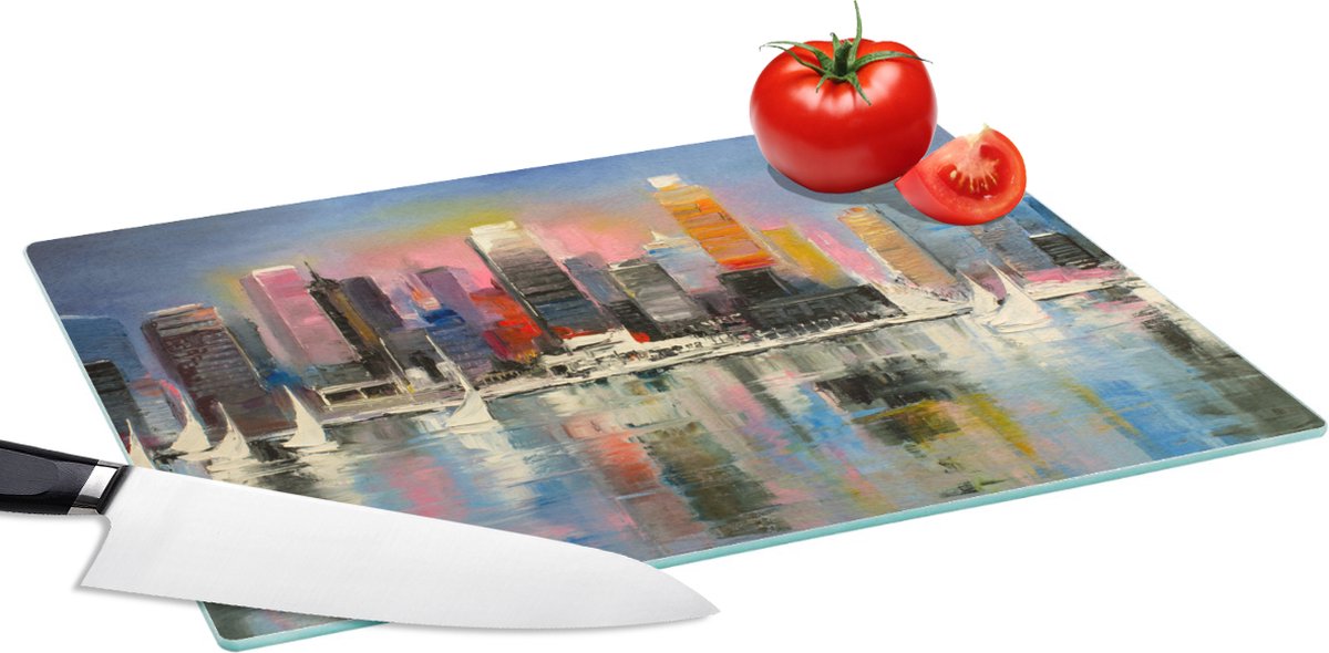 Glazen Snijplank - 39x28 - Schilderij - Olieverf - Skyline - Water - Snijplanken Glas