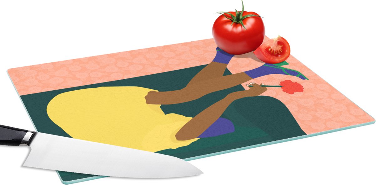 Glazen Snijplank - 39x28 - Vrouw - Bloemen - Retro - Snijplanken Glas