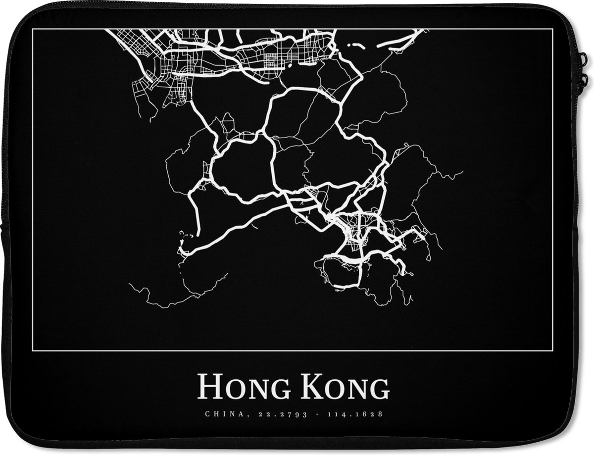 Laptophoes 15.6 inch - Hong Kong - Kaart - Stadskaart - Plattegrond - Laptop sleeve - Binnenmaat 37x26 cm - Zwarte achterkant - Stadskaart