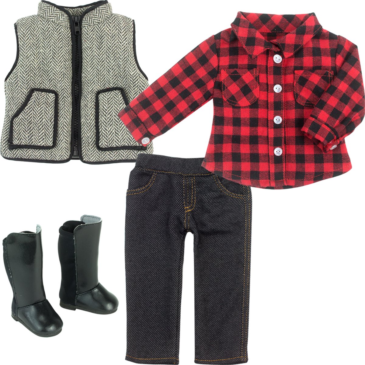 Sophia's Poppenkledingset voor Modepop - Geruit Overhemd, Jeggings en Laarzen - Poppen Accessoires