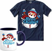 Merry christmas sneeuwpop - T-Shirt met mok - Meisjes - Navy Blue - Maat 12 jaar