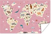 Poster kinderen - Wanddecoratie meisjes - Wereldkaart - Dieren - Aarde - Jongens - Meiden - Roze - Kinder decoratie - 90x60 cm - Poster kinderkamer