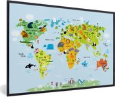 Poster in fotolijst kinderen - Wereldkaart - Kinderen - Dieren - Natuur - Jongens - Meisjes - Kinderposter - Schilderij voor kinderen - 60x40 cm - Kinderkamer decoratie