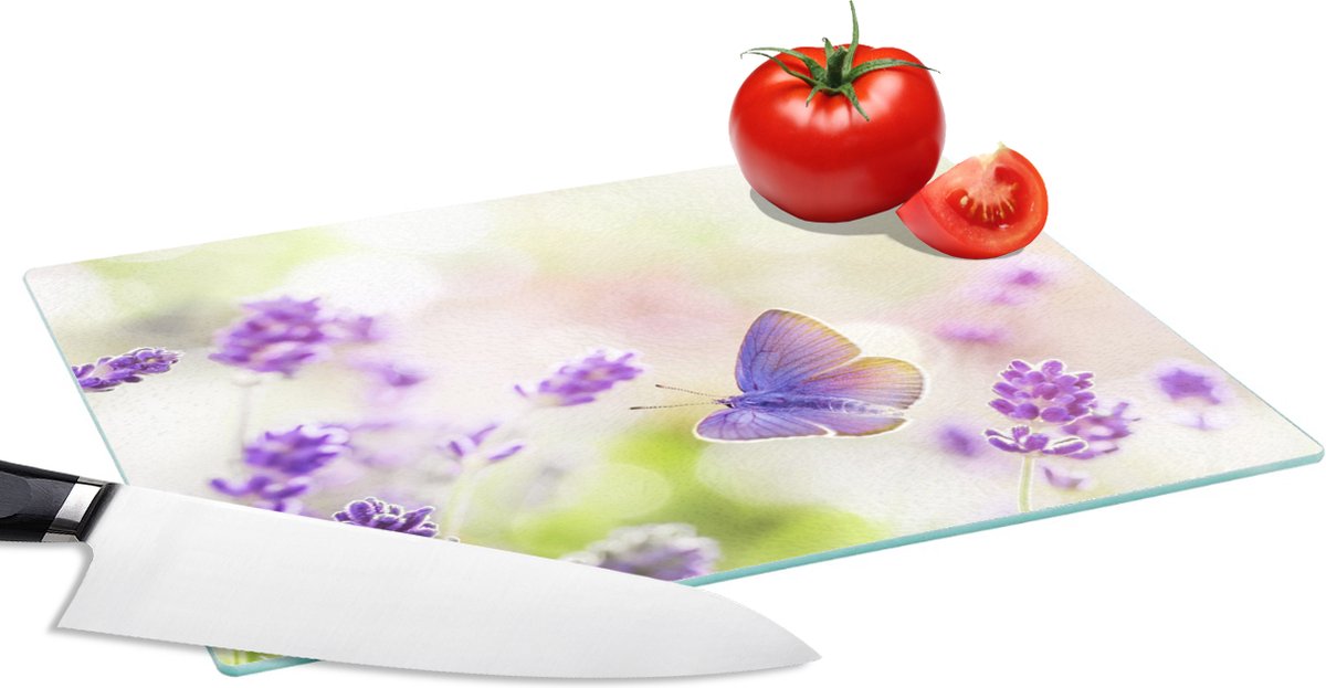 Glazen Snijplank - 28x20 - Lavendel - Vlinder - Bloemen - Snijplanken Glas