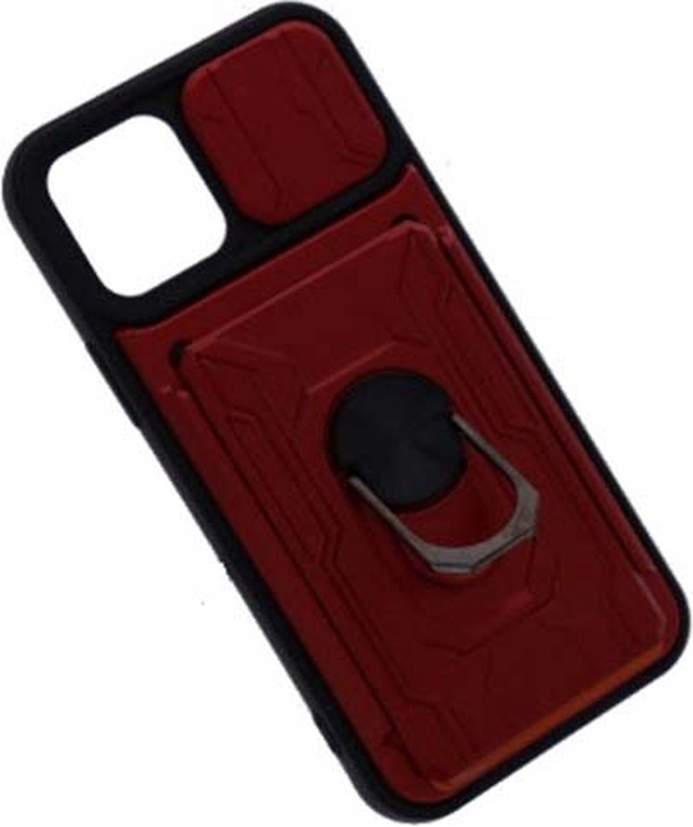 Geschikt voor iPhone 12/12 Pro hoesje met pashouder - camera bescherming cover en ring houder – Rood – oTronica