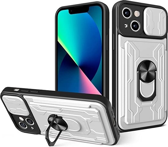 Geschikt voor iPhone 13 hoesje met pashouder - camera bescherming cover en ring houder – Zilver – oTronica