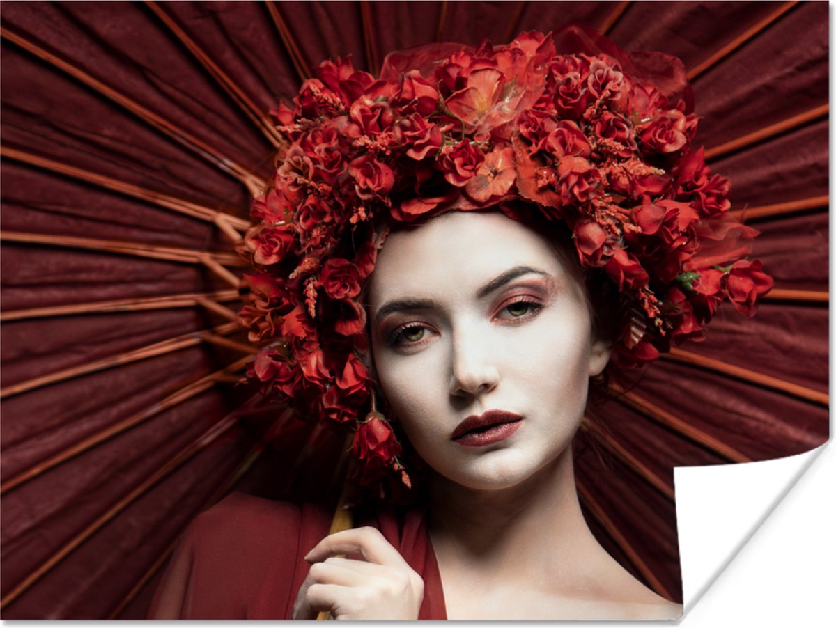 Poster Vrouw - Rood - Portret - Paraplu - 40x30 cm