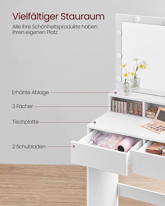 Details van de kaptafel: verhoogde plank, 3 vakken, tafelblad en 2 laden met make-up.