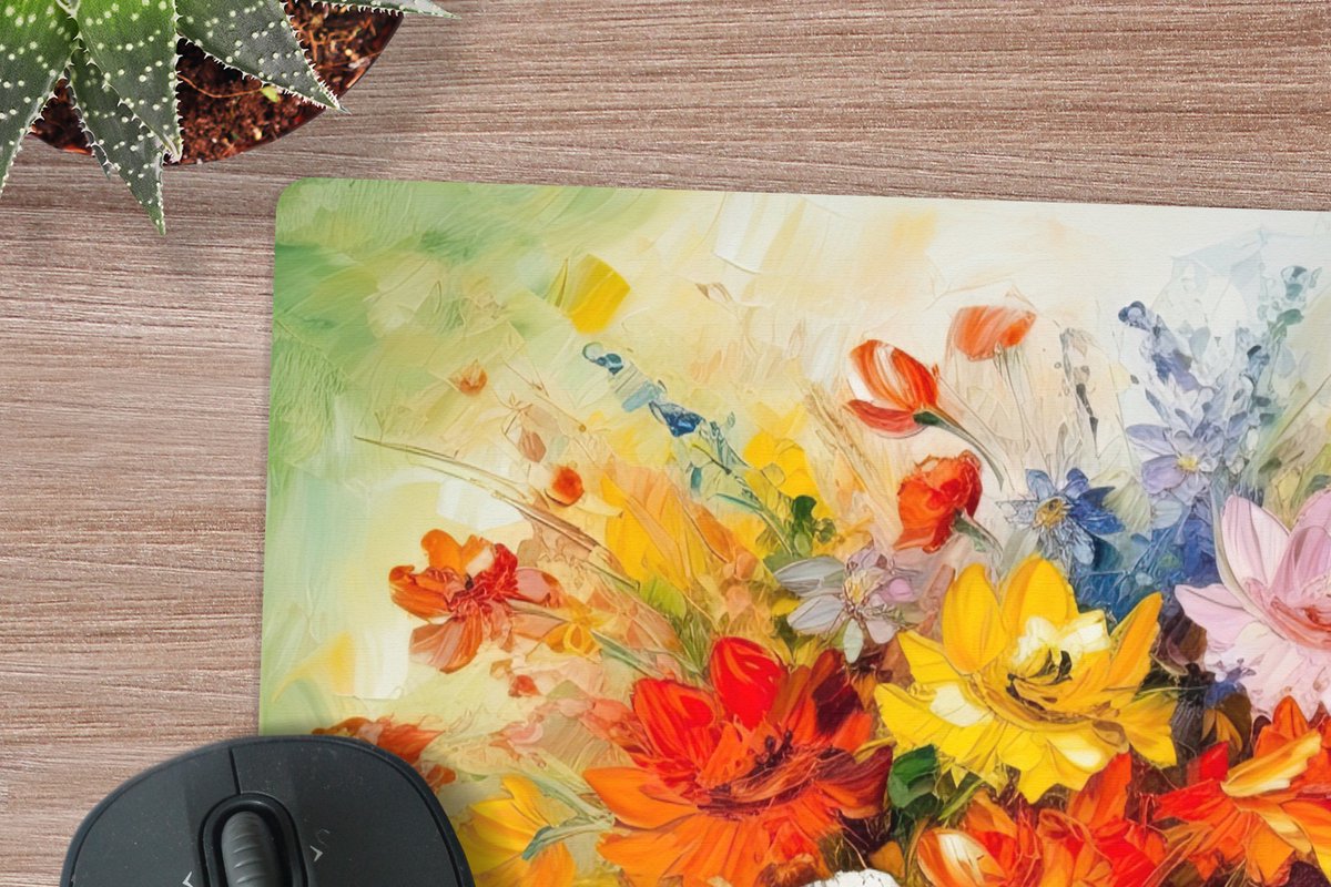 Muismat XXL 60x60 cm - Bureau onderlegger - Bureau mat Bloemen - Kleurrijk - Olieverf - Bloempot - Bureaumat - Gaming mousepad xl - Bureaulegger groot - Computer deskmat
