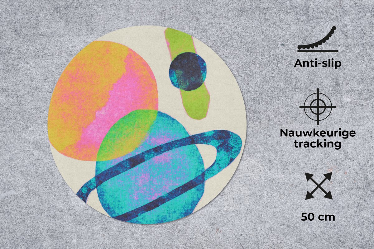 Muismat rond 50x50 cm - Mousepad Planeten - Abstract - Neon - Verf - Ronde muismatten