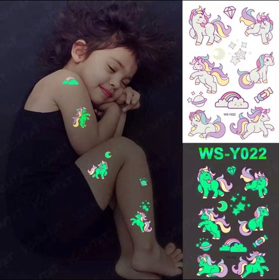 Akyol - Glow in de dark tattoo – unicorn - eenhoorn tattoo - glow in the dark unicorn - unicorn tattoo – 1 vel met tattoos – fantasie – nep tattoo – regenboog – planeet – sterren - unicorn – wisbaar