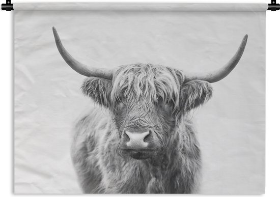 Wandkleed - Wanddoek - Schotse hooglander - Dieren - Hoorns - Zwart wit - 60x45 cm - Wandtapijt