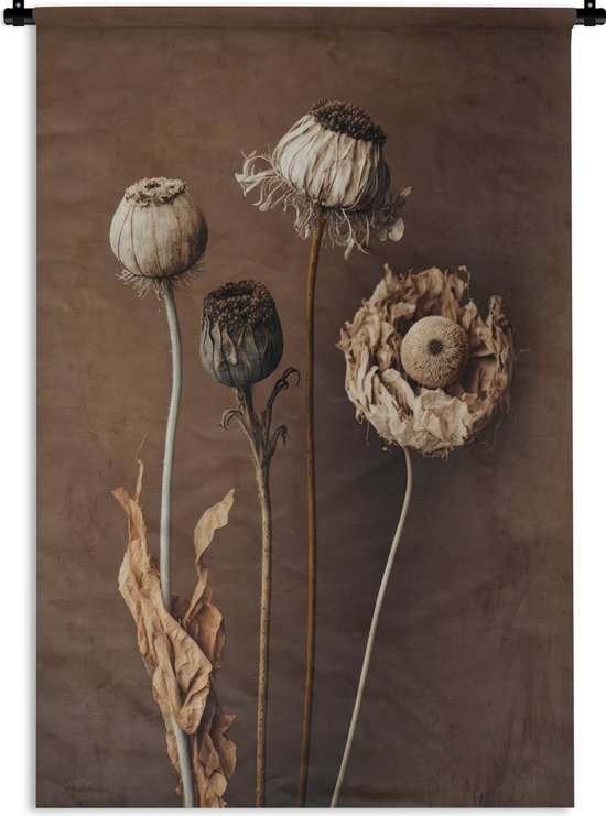 Wandkleed - Wanddoek - Bloemen - Planten - Droogbloemen - Bruin - 60x90 cm - Wandtapijt