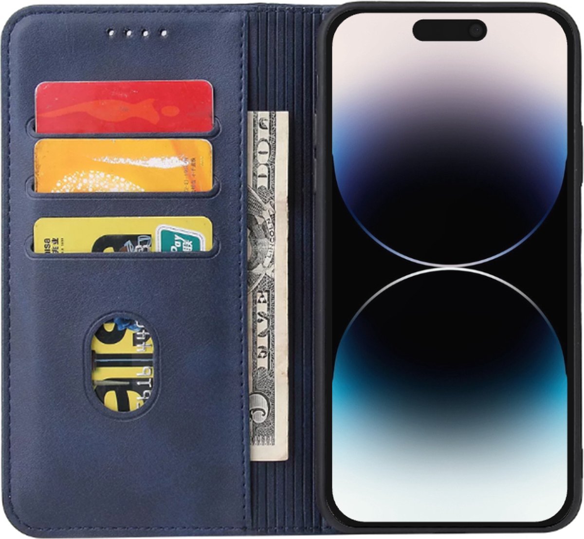 Smartphonica iPhone 14 Pro Max kunstleren hoesje met magnetische sluiting en pashouders book case - Blauw geschikt voor iPhone 14 Pro Max