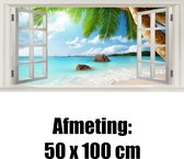 Allernieuwste.nl® Canvas Schilderij Extra Venster met Tropisch uitzicht op Palmen en Zee - Kleur - Realistisch Raam - 50 x 100 cm
