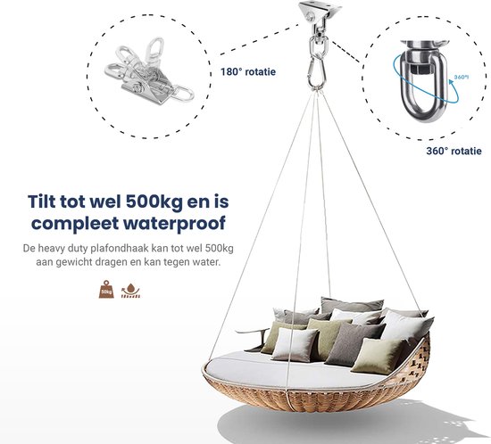 De plafondhaak is waterdicht, roteert 180° en 360°, en kan tot 500 kg dragen.