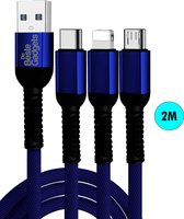 De Beste Gadgets Oplaadkabel 3 in 1 Blauw - Lightning/USB-C/MicroUSB 2.0m - Geschikt voor iPhone, iPad en Android apparaten