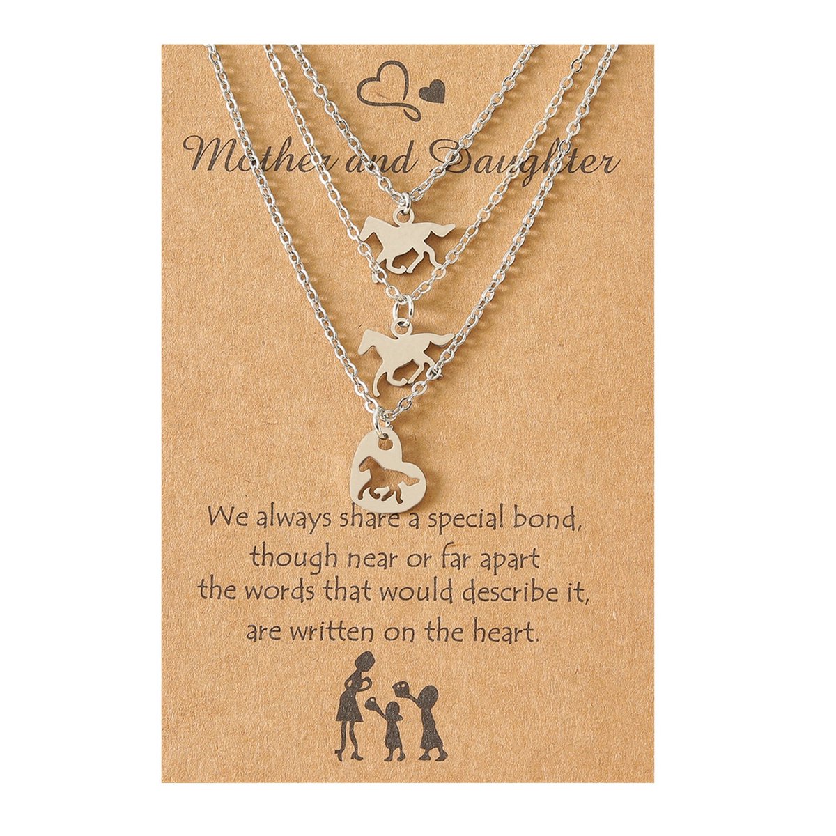 Moeder Dochter Sieraden voor 3 met Paardjes & Hartjes - Zilverkleurig - Moeder Dochter Ketting - Vriendschapsketting Cadeau - Pax Amare