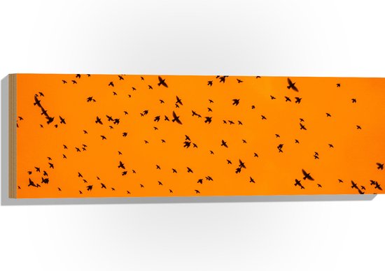 Hout - Gele Lucht Vol met Trekkende Vogels - 90x30 cm - 9 mm dik - Foto op Hout (Met Ophangsysteem)