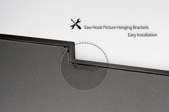 Arrière d'un cadre photo noir avec des supports de suspension et des instructions d'installation.