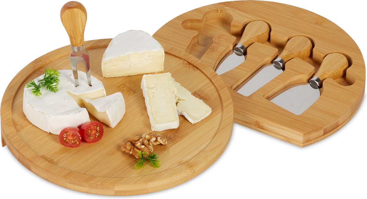 kaasplank - 5-delige set - 4 x 25 cm - draaibaar - 4 kaasmessen - bamboe - rvs
