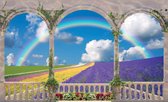 Fotobehang - Vlies Behang - Uitzicht op de Bloemenvelden vanaf het Terras - Lavendel - 312 x 219 cm