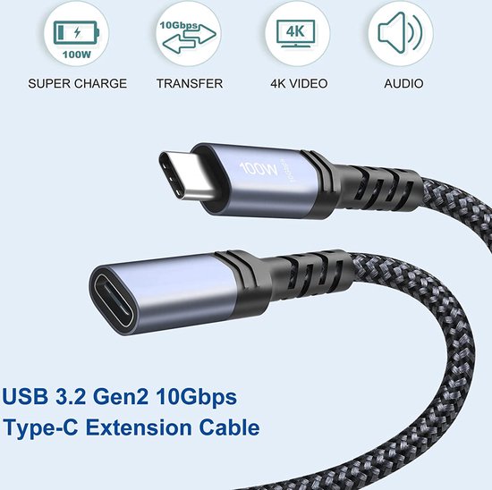 NÖRDIC USBC-N1167 Rallonge USB-C vers USB-C - USB3.2 Gen2 - PD100W - 10Gbps  - 1.5m - Zwart | bol