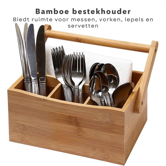 Cheqo® Bamboe Bestekhouder met Handvat - Staande Bestekbak - 4 Vakken -  Duurzaam - MDF... | bol.com