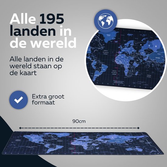 Een bureau mat met een blauwe wereldkaart, met de tekst 'Alle 195 landen in de wereld' en 'Extra groot formaat'. De afmeting 90cm is aangegeven.