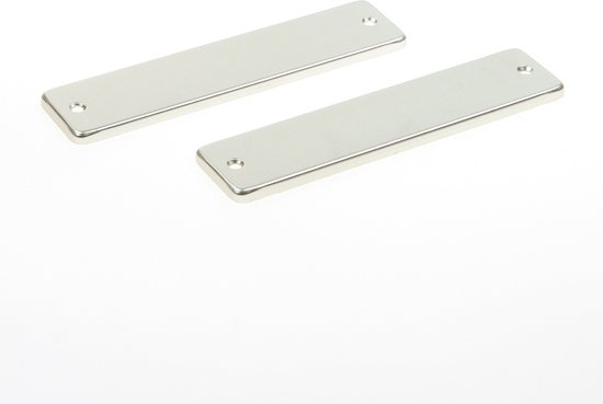 Twee rechthoekige, zilverkleurige deurschilden met afgeronde hoeken, elk met twee schroefgaten.