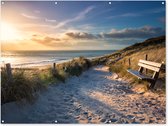 Muurdecoratie buiten Zonsondergang - Strand - Duin - Gras - Bank - 160x120 cm - Tuindoek - Buitenposter Muurdecoratie buiten Zonsondergang - Strand - Duin - Gras - Bank - 160x120 cm