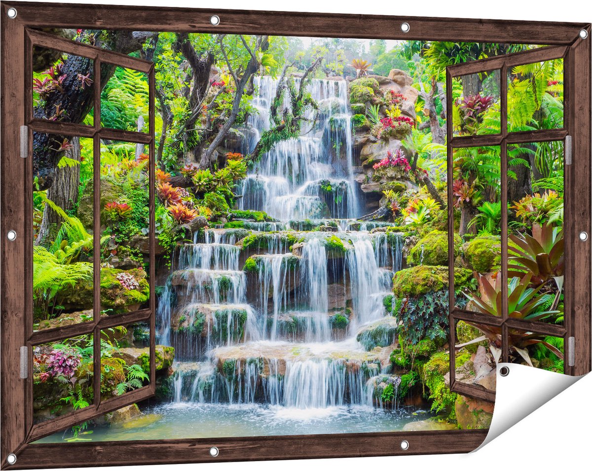 Gards Tuinposter Doorkijk Tropische Waterval in Thailand - 120x80 cm - Tuindoek - Tuindecoratie - Wanddecoratie buiten - Tuinschilderij Donker bruin